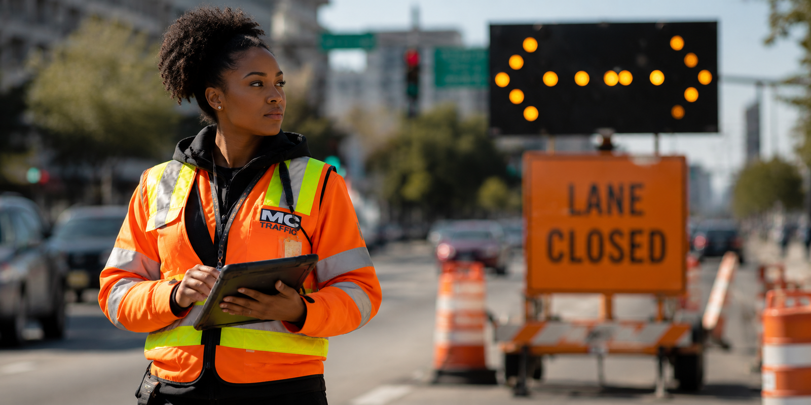 Certified flagger directing traffic
